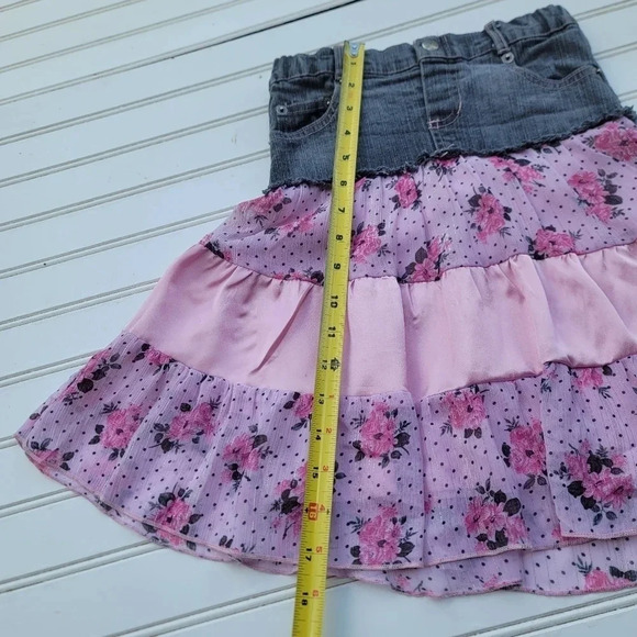 VTG CANDIES Girls Denim Jean Pink Polka Floral Satin Tiered Modest Skirt Size 5 - Picture 3 of 8